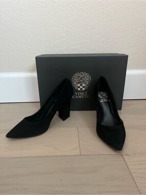 Vince Camuto Black Suede Pointed Toe Block Heel Pumps